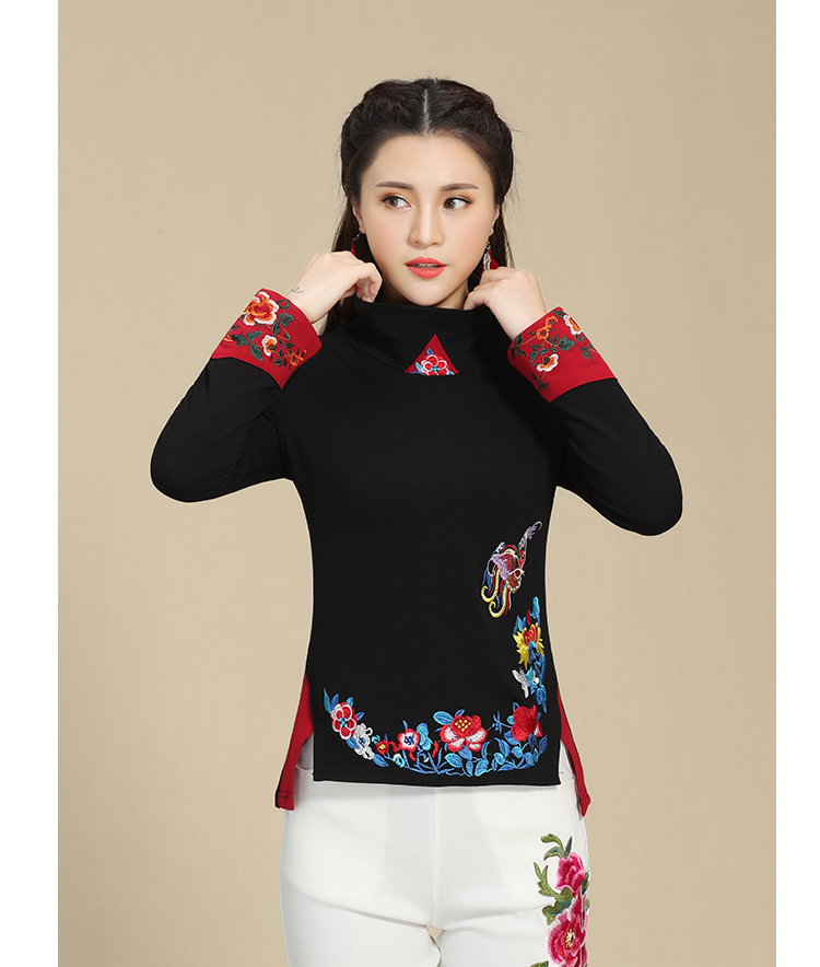 Phong cách Trung Quốc mùa xuân và mùa thu của phụ nữ cao cổ áo dài tay áo thêu quốc gia khâu khâu kích thước lớn áo sơ mi cotton - Áo phông áo phông rộng nữ