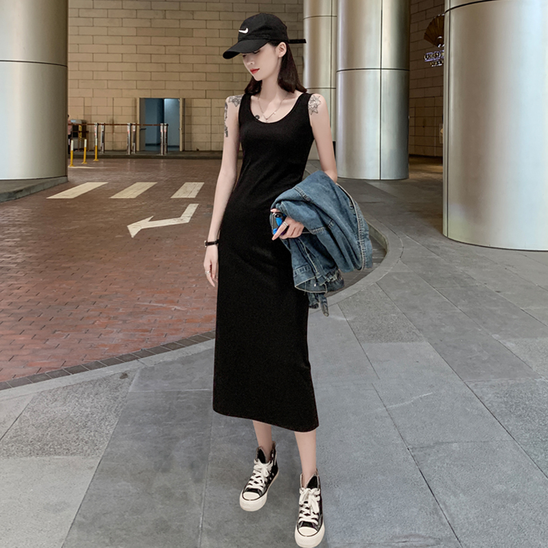 Black Sleeveless Vest Dress for Women, Summer Pure Cotton Long Casual Dress, Slimming and Elegant Camisole Dress, Outerwear and Base Dress