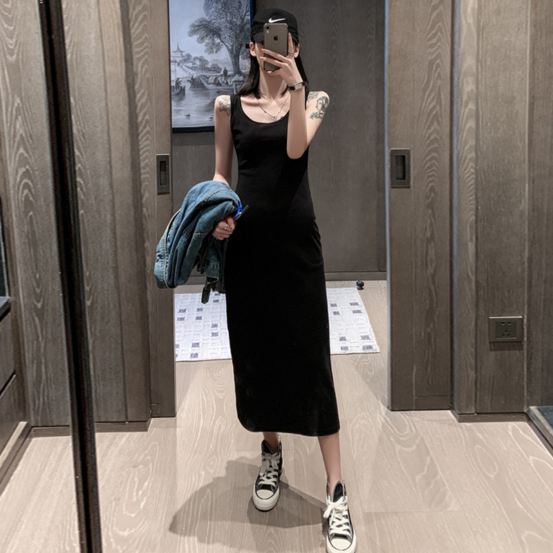 Black Sleeveless Tank Dress, High-End Long Style, Inner Layering Dress, Elegant and Slimming Slip Dress, Casual Long Dress