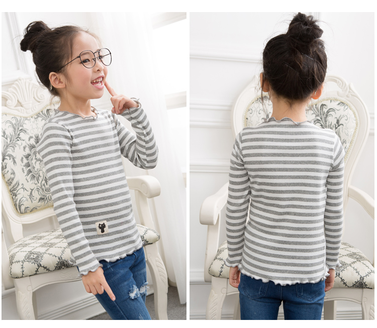 Áo thun nữ tay dài sọc mỏng 2018 mùa thu trẻ em nấm đáy áo cotton trẻ em cổ tròn ao thun be trai han quoc