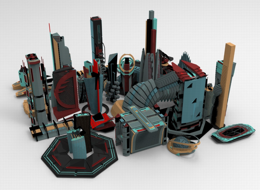 C4D赛博朋克低多边形建筑FBX未来都市STL楼房OBJ建筑Blender素材-cg男孩