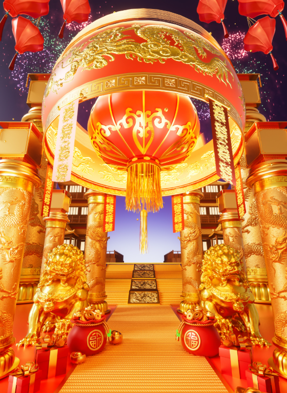 C4D马年春节年货节喜庆阶梯金色OC渲染3D立体场景