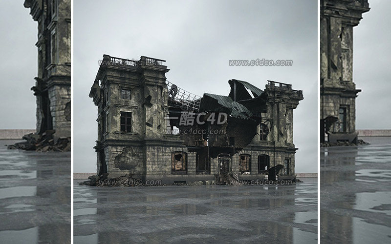 一酷C4D废弃楼房破旧房屋战损建筑废墟建筑模型-94