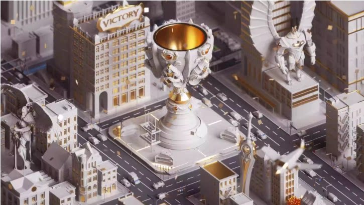 C4D英雄联盟城市雕塑石像街道奖杯OC渲染三维模型场景