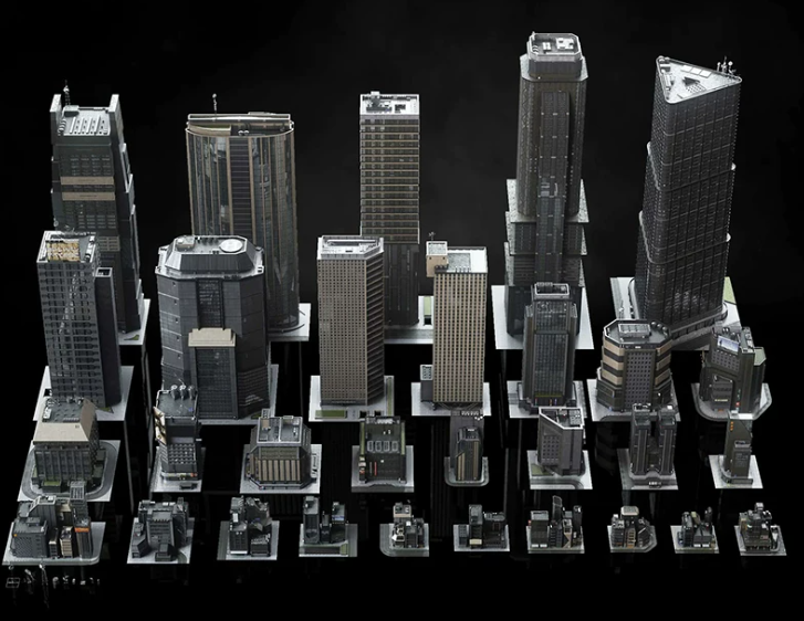 C4D FBX STL OBJ Blender现代高楼房屋建筑街道天线三维3D模型