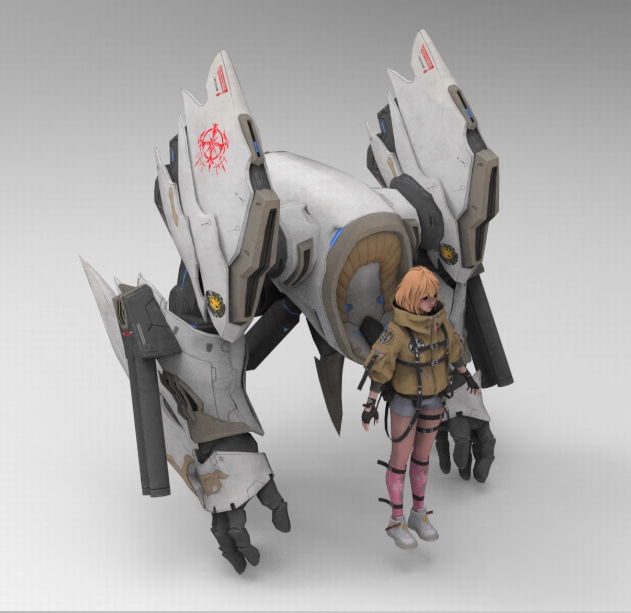 C4D低面卡通机甲少女FBX科幻场景OBJ机械装甲Blender模型Maya素材