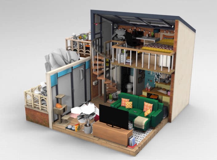 C4D低面卡通微缩场景FBX双层loft风格STL迷你住宅OBJ客厅卧室素材