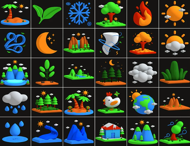 C4D FBX STL OBJ卡通天气图标晴天火焰阴天雪花水滴植物地球模型-cg男孩