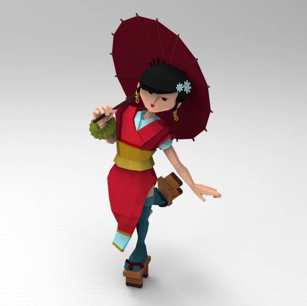 C4D低面多边形卡通女性FBX日式风格木屐STL油纸伞OBJ人物设计素材