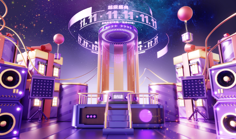 C4D双11十一紫色科技促销展台电商OC渲染3D立体场景