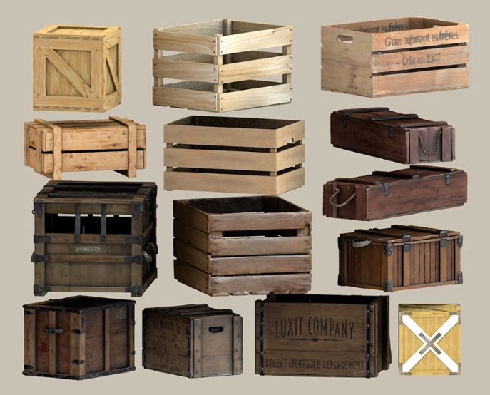 现代木箱SU模型组合C4D素材破旧木头红酒包装箱创意场景道具FBX