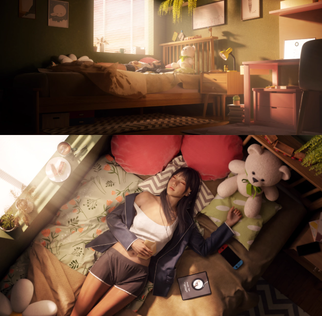 C4D卡通卧室女孩角色IP床玩偶3D场景OC渲染工程