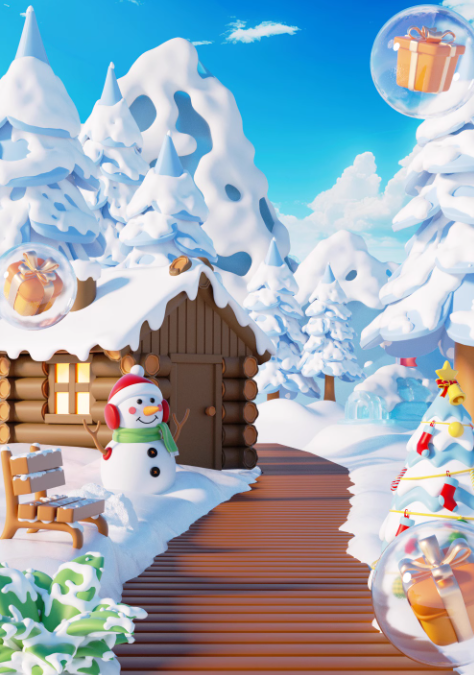 C4D冬季冬天户外木屋雪人雪地礼盒OC渲染3D立体场景