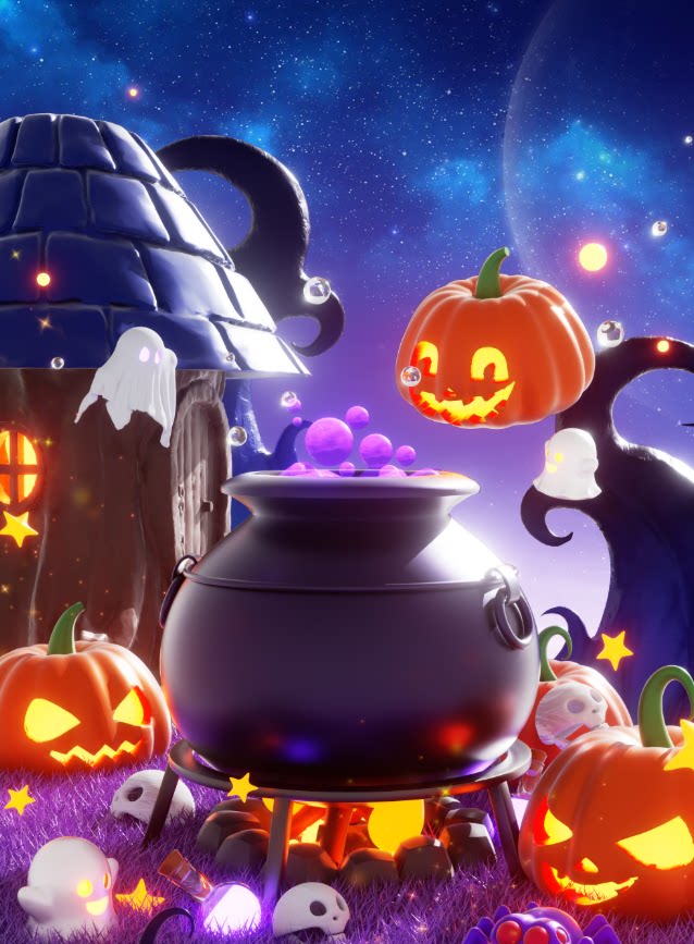 C4D万圣节南瓜灯可爱卡通节日药罐OC渲染3D立体场景