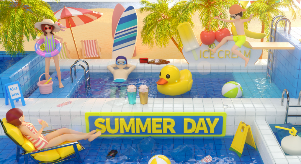 C4D夏日海边泳池游玩派对party沙滩OC渲染场景