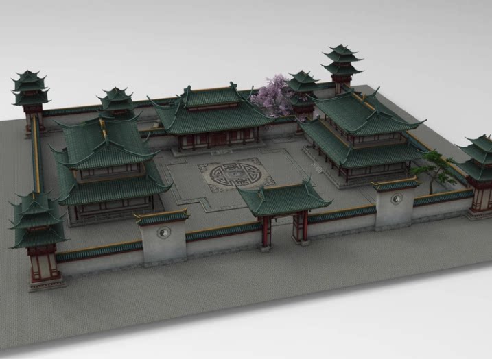 C4D低面中式古风3D建筑FBX道观OBJ寺庙Blender三维模型unity素材