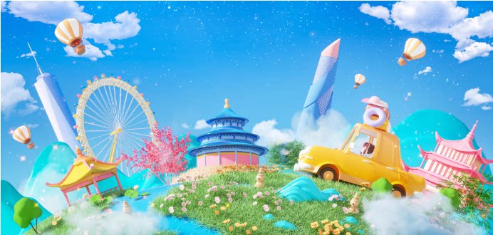 C4D春天踏青出游卡通假日建筑草地3D模型场景OC渲染工程带材质