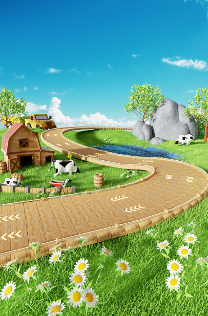 C4D草地牧场卡通房子奶牛3D场景模型OC渲染器材