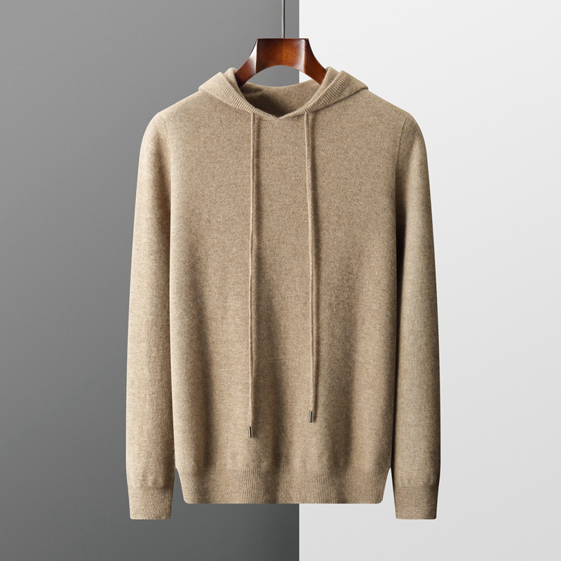 New Autumn and Winter 100% Pure Wool Men's Hooded Sweatshirt Pullover Sweater Knitted Base Hoodie Solid Color Cashmere Sweater