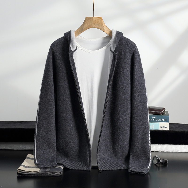 New Autumn and Winter Hooded 100% Pure Cashmere Men's Thickened Zipper Knitted Hoodie Casual Sweater Hooded Jacket