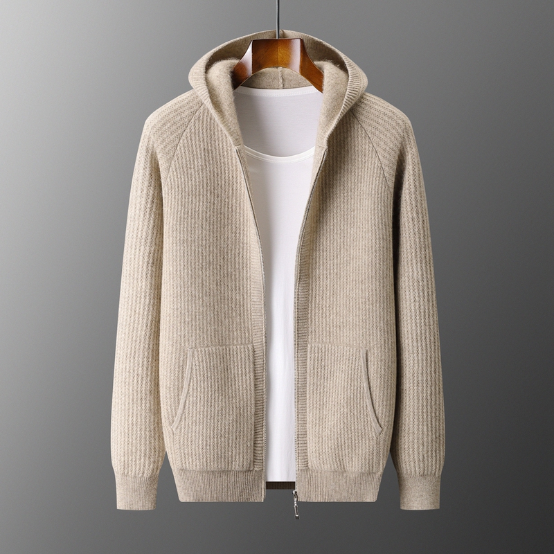 New Autumn and Winter Men's Thickened 100% Pure Wool Hoodie Knitted Base Cardigan Hooded Sweater Fashionable Casual Jacket