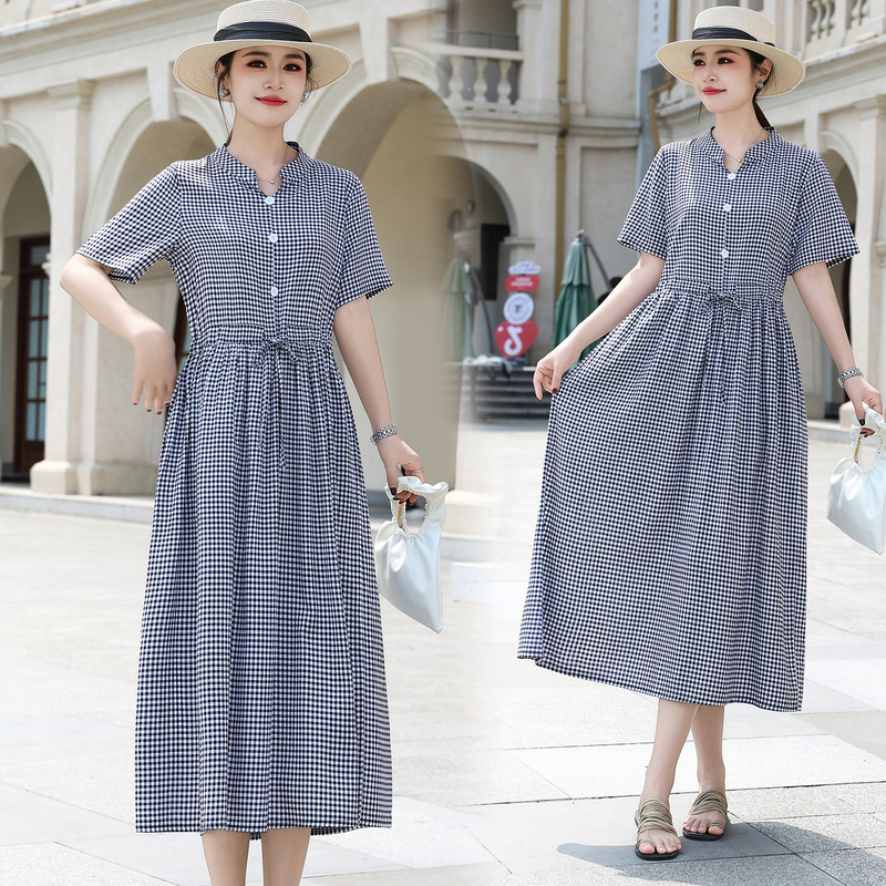Japanese Retro Black and White Plaid Long Dress for Women, Summer College Style Striped Turn-Down Collar Short-Sleeve Waist-Cinching Shirt Dress Japanese Retro Black and White Plaid Long Dress for Women, Summer College Style Striped Turn-Down Collar Short-Sleeve Waist-Cinching Shirt Dress