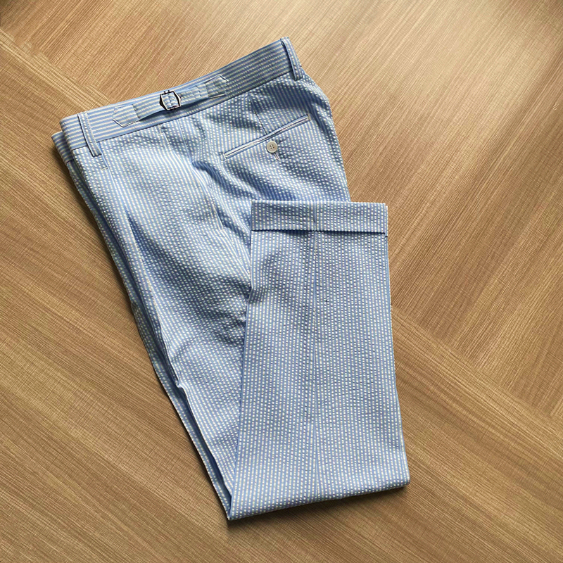 Spring and Summer Style Blue and White Striped Pure Cotton Seersucker Naples Cropped Pants for Men, Mid-Waist, Paris Button, Small Straight-Leg Pants