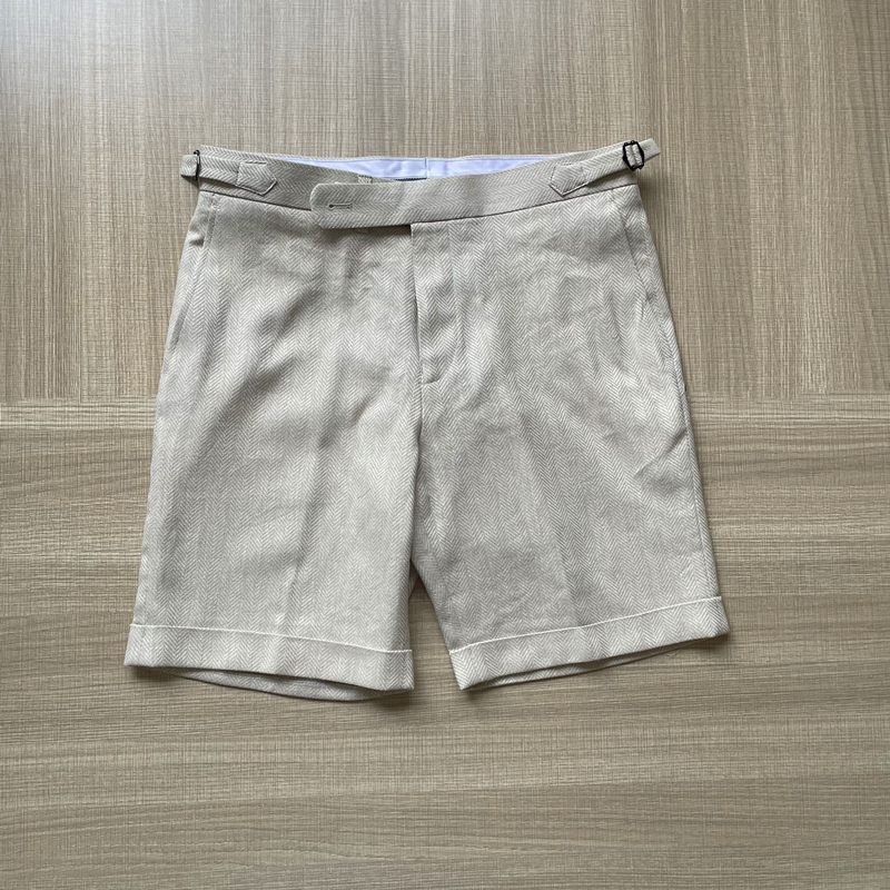 Summer Style Beige Herringbone Linen Naples Shorts for Men, Vintage Cuffed Paris Button Shorts