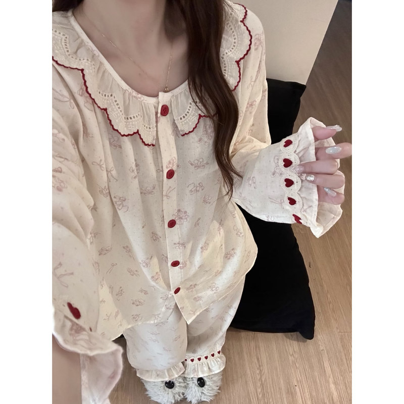 Japanese Gp All-Cotton Double-Layer Gauze Pajamas with Doll Collar, Lace Embroidery, Cute Style, Spring, Summer, and Autumn Loungewear Set