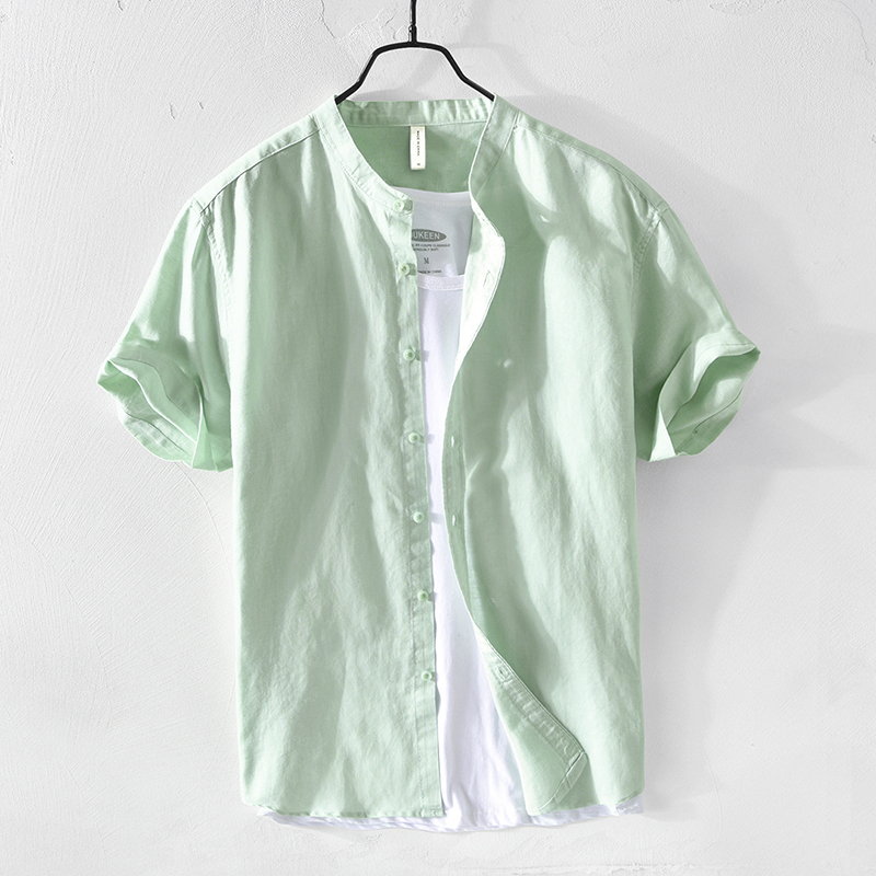 Summer Fresh Style Japanese Stand-Up Collar Short-Sleeved Linen Shirt for Men, Light Green and White Casual Cotton-Linen Half-Sleeve Shirt