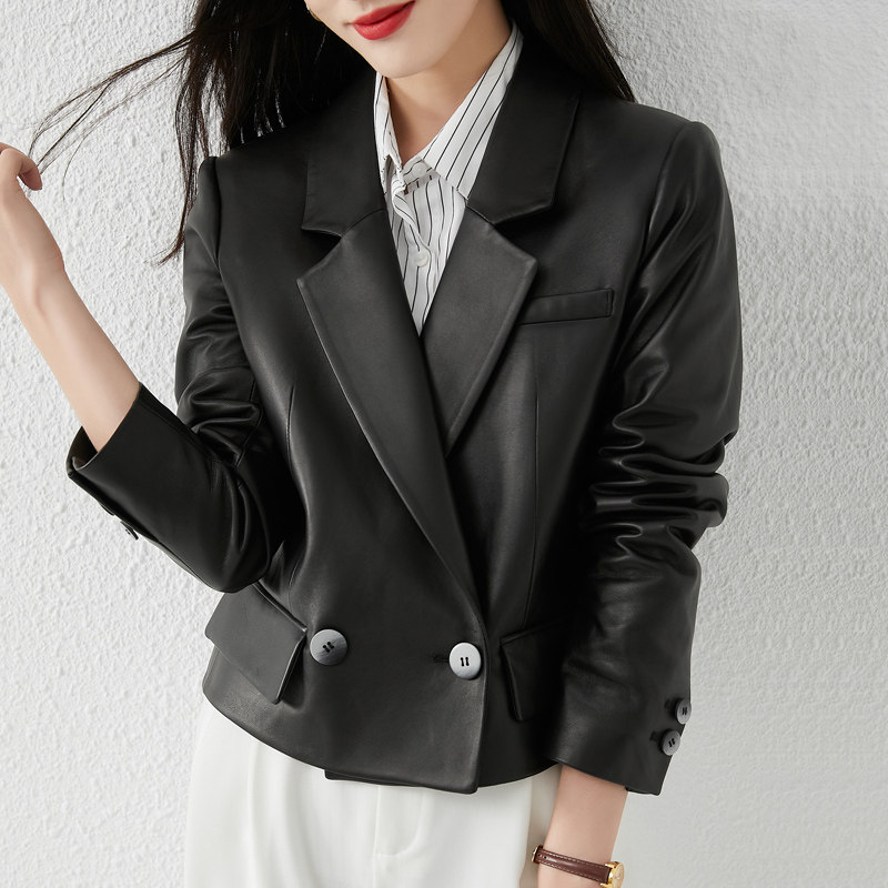 2021 Spring and autumn new Hainen genuine leather leather clothing female sheep leather short style suit collar small leather coat jacket fashion 100 hitch