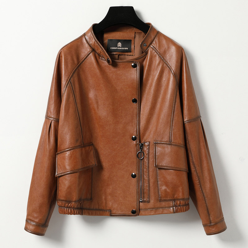2021 spring and autumn Haining leather jacket leather women's sheepskin short loose fashion single leather jacket jacket