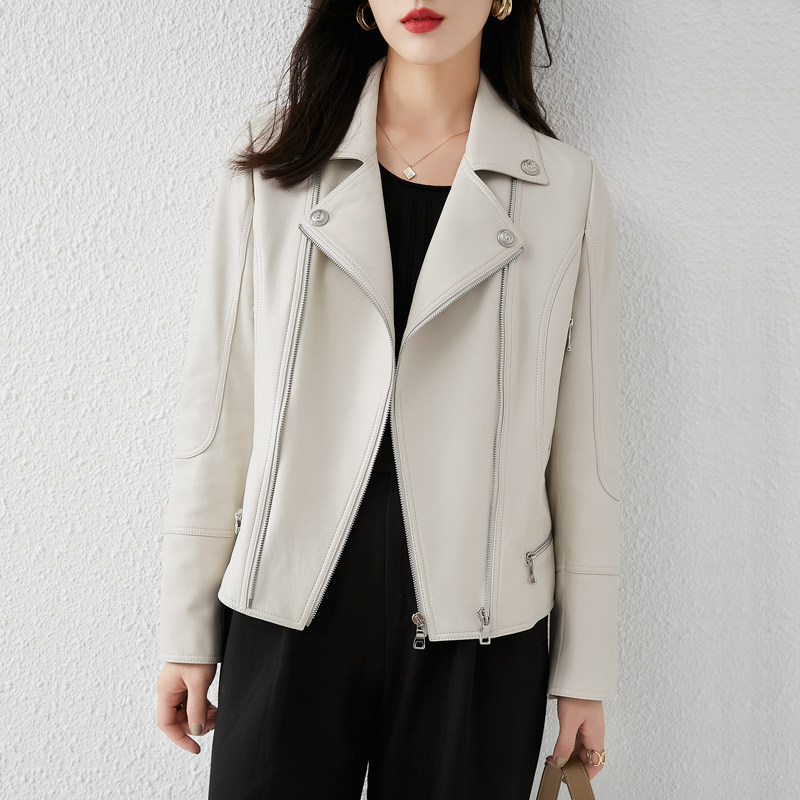 2021 Spring and Autumn Europe and America genuine leather locomotive leather clothing female sheep leather short section swarm leather jacket jacket white tide