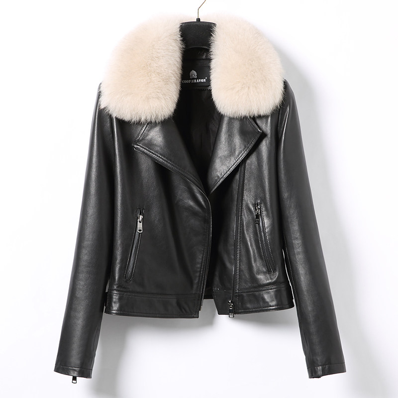 2020 autumn and winter short sashimi leather locomotive leather jacket female fox fur collar sheep leather jacket jacket plus cotton thickened
