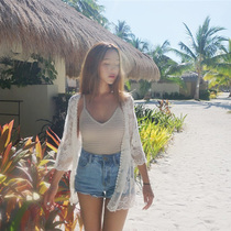 Korean version of mid-sleeve crocheted blouse cardigan bikini shirt hollowed out seaside resort sunscreen shirt