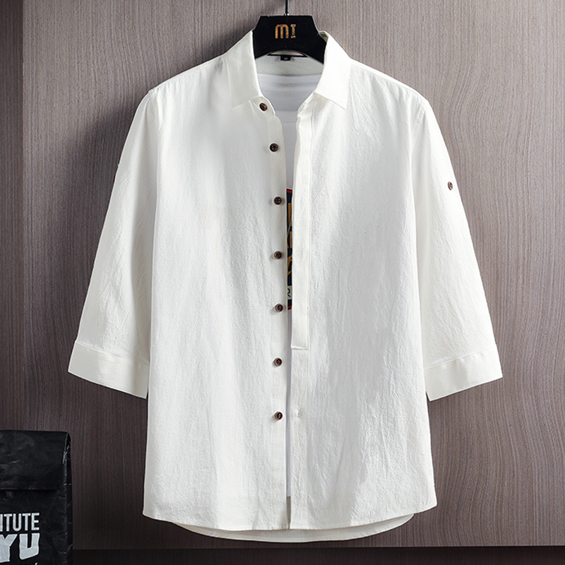 Pure Cotton Three-Quarter Sleeve Shirt for Men, Short-Sleeved Summer Korean Style Trendy Cotton-Linen Casual White Shirt, Men's Half-Sleeve Shirt Pure Cotton Three-Quarter Sleeve Shirt for Men, Short-Sleeved Summer Korean Style Trendy Cotton-Linen Casual White Shirt, Men's Half-Sleeve Shirt
