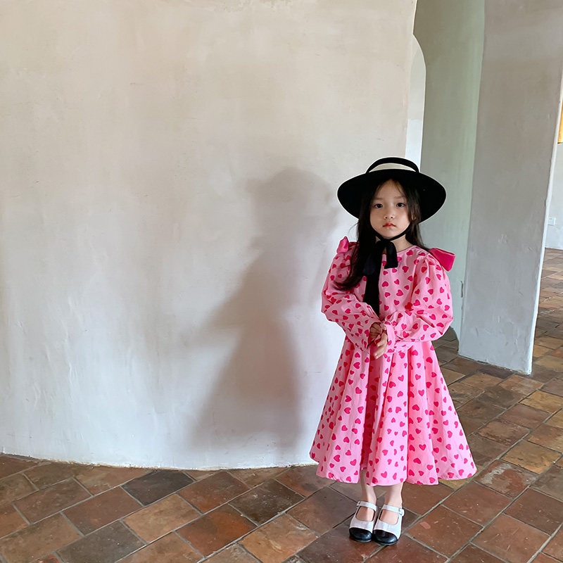 Girl Long Sleeve Loving Foreign Dress 2021 Autumn Han Edition Children's Shoulders Butterfly Knots Pink Big Skirt Hem Skirt