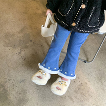 Girl Hair Side Gush Jeans 21 Winter Han Edition Children Womens Baby Foreign Air Loving Broadleg Long Pants Horn Pants Tide