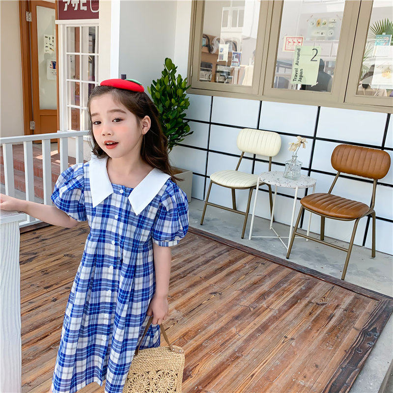 Girl short sleeve foreign dress 2021 Summer style Children's checkered cotton fabric Blister Cuff long skirt Skirt Foreign Pie