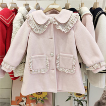 Girl clip cotton with great coat 21 Winter Korean version Childrens female treasure lace collar collared checkered ladies warm coat small Qingxin