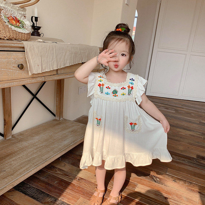 Girl Sleeveless Foreign Dress 2021 Summer Baby Cool Heavy Work Embroidered Cotton Numb Collar Foreign Pie Pocket Lace Skirt