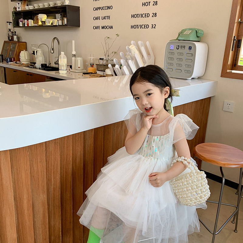 Girl sleeveless foreign dress 2021 Summer Korean version Baby bright sheet net yarn Princess skirt Children gown dress damp