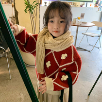 Girls Christmas sweater 21 Winter Korean version New Year Childrens round neckline Hooded Fluff Ball Loose Red Needle Weaselwear