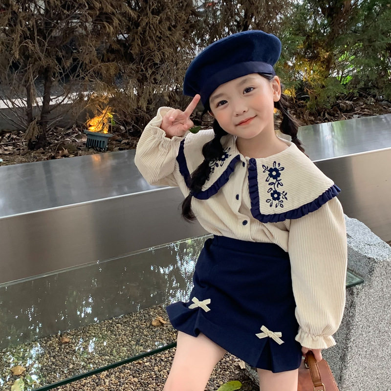 Girl light core suede thickened embroidered shirt lace collar 2021 autumn and winter Korean version female baby butterfly knot fur with short skirt
