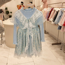 Girls Winter Liandress Korean version Children Crushed Flowers Loretta Splicing Elastic Sweater Dress Foreign Air Princess Dresses Underskirt