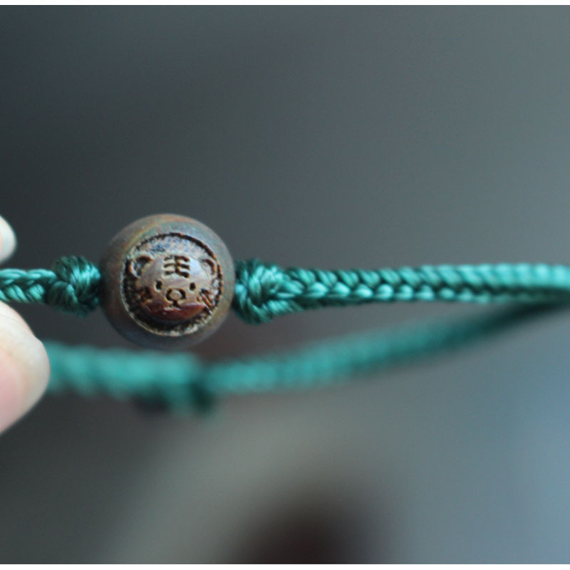 Tiger Head Green Sandalwood Bracelet with Green String, Tiger Bracelet for Good Luck, Solid Wood Zodiac Bracelet Tiger Head Green Sandalwood Bracelet with Green String, Tiger Bracelet for Good Luck, Solid Wood Zodiac Bracelet