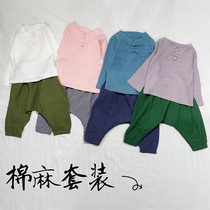 Children Summer Cotton Linen Suit Long Sleeve Hanfu Men And Women Baby Two Sets Babychild Large Pp Anti-mosquito Pants Spring And Autumn