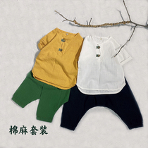 Girls summer minimalist short sleeve T-shirt male baby cotton linen light and breathable children suit 2 pieces of leather pant pants