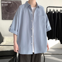 Summer port wind Japanese plain shirt Mens short-sleeved loose large size ruffian handsome shirt trend five-point sleeve jacket mens clothing