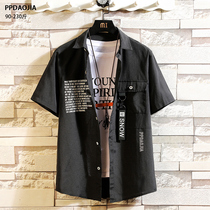 Fat Japanese tooling shirt short-sleeved mens summer loose large size fat shirt Ruffian handsome trend thin jacket men